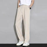 Riolio Men Suit Pants Men Ice Silk Casual Long Men Pants Elastic Waist Buttons Men Trousers Wide Leg Draped Thin Business Trousers