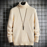Riolio Korean Fashion Sweater Mock Neck Sweater Knit Pullovers Autumn Slim Fit Fashion Clothing Men Solid Color Irregular Stripes