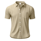 Riolio Summer New Solid Color Linen Men's Shirt Turn-down Collar Short Sleeve Men's Loose Casual Pocket Outdoor Vacation Shirt