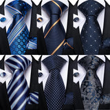 Riolio New Classic 100% Silk Men's Ties 8cm Blue Plaid Dot Striped Business Necktie Handkerchief Wedding Party Tie Set Gravatas DiBanGu