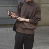 Riolio New Korean Fashion Men Sweater Light Luxury Trendy Turtleneck Knit Solid Color Pullover Leisure Retro Long Sleeve Basic Knitwear