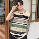 Riolio Sweater Vest Men Harajuku Fashion Simple Popular Summer Hollow Out All-match Streetwear Japanese Style Striped Knitwear Hip Hop