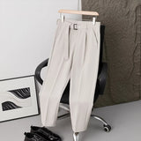 Riolio  Men Pleated Dress Pants with Belt Business Casual Non-Iron Straight Trousers Male Solid Color Ankle Length Office Work Pants