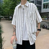 Riolio  Short-sleeved Shirt Men's Retro Loose Teen Handsome Versatile Stripes
