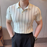Riolio  Spring Summer New Casual Mens Polo Shirt Vintage Striped Crochet Buttoned Polo Neck Knit Tops Men Fashion Slim Fit Polos
