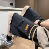 Riolio  Mens Distressed Denim Shorts Elastic Waist Drawstring Frayed Hem High Street Trendy Casual Fashion Street Style Urban Hip Hop