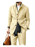 Riolio  Men's Linen Blend 2 Piece Suit Set Stand Collar Three Button Breathable Casual Blazer Pants For Business Daily Wear Summer