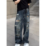 Riolio Mens Loose Fit Straight Leg Jeans Dark Blue Ripped Distressed Trendy Streetwear Fashion Casual Urban Denim Pants Hip Hop Style