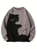 Riolio  Autumn/Winter New Color-Block Cat-Print Knit Sweater for Women - Loose and Casual Style Student Pullover