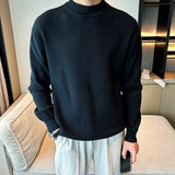 Riolio  New Korean Retro Men Basic Sweaters Luxury Knit Solid Color Mock Neck Long Sleeve Pullover Casual Textured High Quality Knitwear