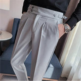 Riolio Spring Autumn Men High Waist Belt Design Casual Slim Formal Dress Pant Men Social Office Wedding Party Dress Suit Pants