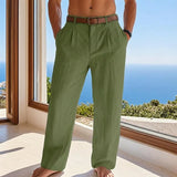 Riolio  Solid Color Pleated Linen Suit Pants For Men Elastic High Waist Straight Wide Leg Trousers Summer Office Casual Beach trousers
