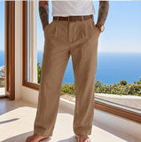 Riolio  Solid Color Pleated Linen Suit Pants For Men Elastic High Waist Straight Wide Leg Trousers Summer Office Casual Beach trousers