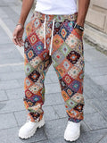 Riolio  Mens Wide Leg Straight Pants With Retro Jacquard Geometric Pattern Elastic Waist Casual Trousers