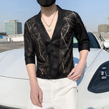 Riolio  Casual Men's Summer New Patchwork Square Collar Button Printing Slim Hollow Out Comfortable Three Quarter Shirts