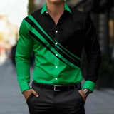 Riolio  Men's Color Block Striped Long Sleeve Button Up Shirt Green Black Contrast Casual Dress Shirt