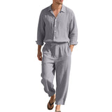 Riolio  American Four Seasons Linen Men's Casual Loose Beach Sunscreen Long Sleeve Shirt Pants Set