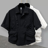Riolio   Summer New Man Dark Cardigan Solid Color Short Sleeve Shirt Korean Trendy Safari Style Three-dimensional Pockets Ins