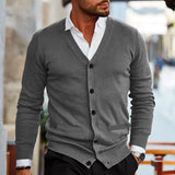 Riolio  Spring Autumn Mens Solid Color Knitted Cardigan Fashion V-Neck Long Sleeve Slim Fit Sweater Coat with Pockets Men Knit Outwear