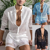 Riolio men summer outfits Hollow Out Sexy Lace Suit Fashion Long Sleeve Shirt Casual Shorts Men'S Clothing Suit Solid Color Matching Summer Suit For Male