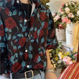 Riolio  Mid-length Large Size Loose Couple Retro Rose Full-print Floral Shirt Short Sleeve Style