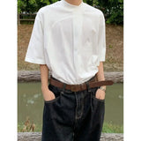 Riolio Minimalist Retro Top Chinese Stand Collar Irregular Splicing Niche T-shirt Round Neck Simple Solid Color Short Sleeves Tees Men