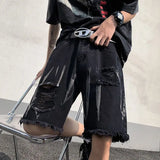 Riolio  New Ripped Denim Shorts Men's High Street Straight Leg Fringed Five Quarter Pants