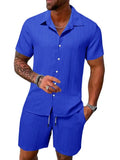 Riolio Spring And Summer New Sports Men's Polo Casual Solid Color Loose Short-sleeved Drawstring Shorts Cardigan Striped Sports Suit