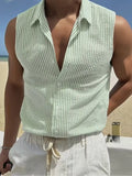 Riolio  Summer New Striped Sleeveless Shirt Men's Slim Breathable Collared Tank Top Lightweight Seersucker Textured Casual Open Vest
