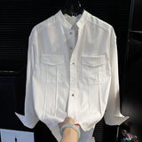 Riolio  Men Stand Collar White Solid Shirt Simple Niche Loose Thin Casual Handsome Trendy Spring Long Sleeve Top