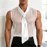 Riolio  Mens Mesh Sheer Satin Ribbon Sleeveless Vest Streetwear Fashion Nightclub Stage Niche Youth Tank Top Men'S Clothing New