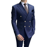 Riolio Navy Men Party Tuxedos 2 Pieces Latest Peak Lapel Men Suits Gold Buttons Fashion Style Suits Double Breasted