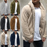 Riolio Men's Teddy Bear Fleece Coat Cardigan Winter Warm Hooded Coat Fashion Solid Color Long Sleeve Pocket Button Hooded Warm Coat