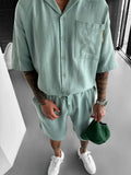 Riolio Streetwear Vintage Mens Shirts Two Piece Outfits Fashion Solid Color Suits Loose Pocket Short Sleeve Shirt And Shorts Men Sets