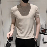 Riolio  Summer Men's Knitting Ice Silk Solid Color Round Neck Short-sleeved Korean Version Slimming Stripe Hollowed-out Fashion Casual