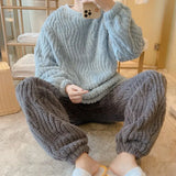 Riolio Men's Pajama Sets Winter Warm Thick 2 Piece Set Coral Fleece  Loose Long Sleeve Solid Color Homewear O Neck Fashion Pajama Sets