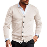 Riolio  Spring Autumn Mens Solid Color Knitted Cardigan Fashion V-Neck Long Sleeve Slim Fit Sweater Coat with Pockets Men Knit Outwear