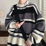 Riolio Autumn Winter New Round Neck Long Sleeve Embroidered Sweater Men Fashion Contrast Color Striped Loose Casual All-match Tops