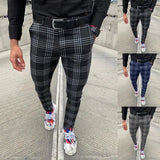 Riolio Summer Men's Casual Pants Plaid  Social Stretch Trousers Mid Waist Skinny Business Office Working  Party Male Suit Pants  Autumn