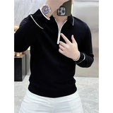 Riolio  High Street Fashion Men Turn-down Collar Half Zipper T-Shirts Simple All-match Long Sleeve Autumn Winter Panelled Elastic Tops