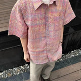 Riolio  Men's Casual Loose Fit Short Sleeve Shirt Rainbow Gradient Plaid Texture Breathable Lapel Button Down Summer Streetwear Top