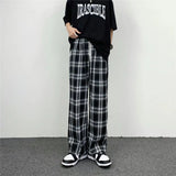 Riolio  Hip-hop Wide-leg Summer Straight Tube Black and White Plaid Loose Slim Long Pants for Men and Women Casual Pants