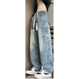 Riolio  Straight Leg Jeans Elastic Waist 2025 New Patchwork Design Utility Cargo Pants Men Big Side Pockets Autumn Workwear Trousers