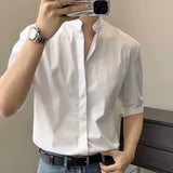 Riolio Slim Fit Stand Collar Shirt Men Solid Color Shirt Stylish Stand Collar Men's Shirt for Business Commute Office Slim Fit Half