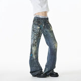 Riolio Jean Men Unique Design Graffiti Street Style Drag Jeans Urban Trendy Fashion Distressed Long Fit Casual Denim Pants Edgy Hip Hop