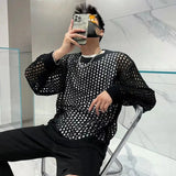 Riolio  Summer Y2K Vintage Hollow Out Loose Knitting T-shirt Man All Match Geometic Tops Fashion Casual Outfits See-though Male Pullover