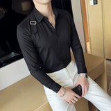 Riolio Strap Decorative Design Shirt Mens Clothing Korean Long Sleeved Slim Fit Casual Shirts Nightclub Prom Show Dress Shirt