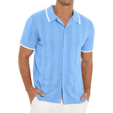 Riolio Summer Beach Breathable Hollow Out Shirts Men Casual Short-sleeved Button Lapel Knit Shirt Vintage Patchwork Knitting Cardigans