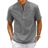 Riolio Cotton Linen Shirt Men Henley Neck Pocket Casual Beach Short Sleeve Solid Color Male Tops T-shirts Vintage Streetwear