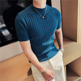 Riolio Summer Knitted Elasticity T Shirt Men Half High Collar Short Sleeve Casual Slim Fit Sweater Tops Tees Social Club T-Shirt